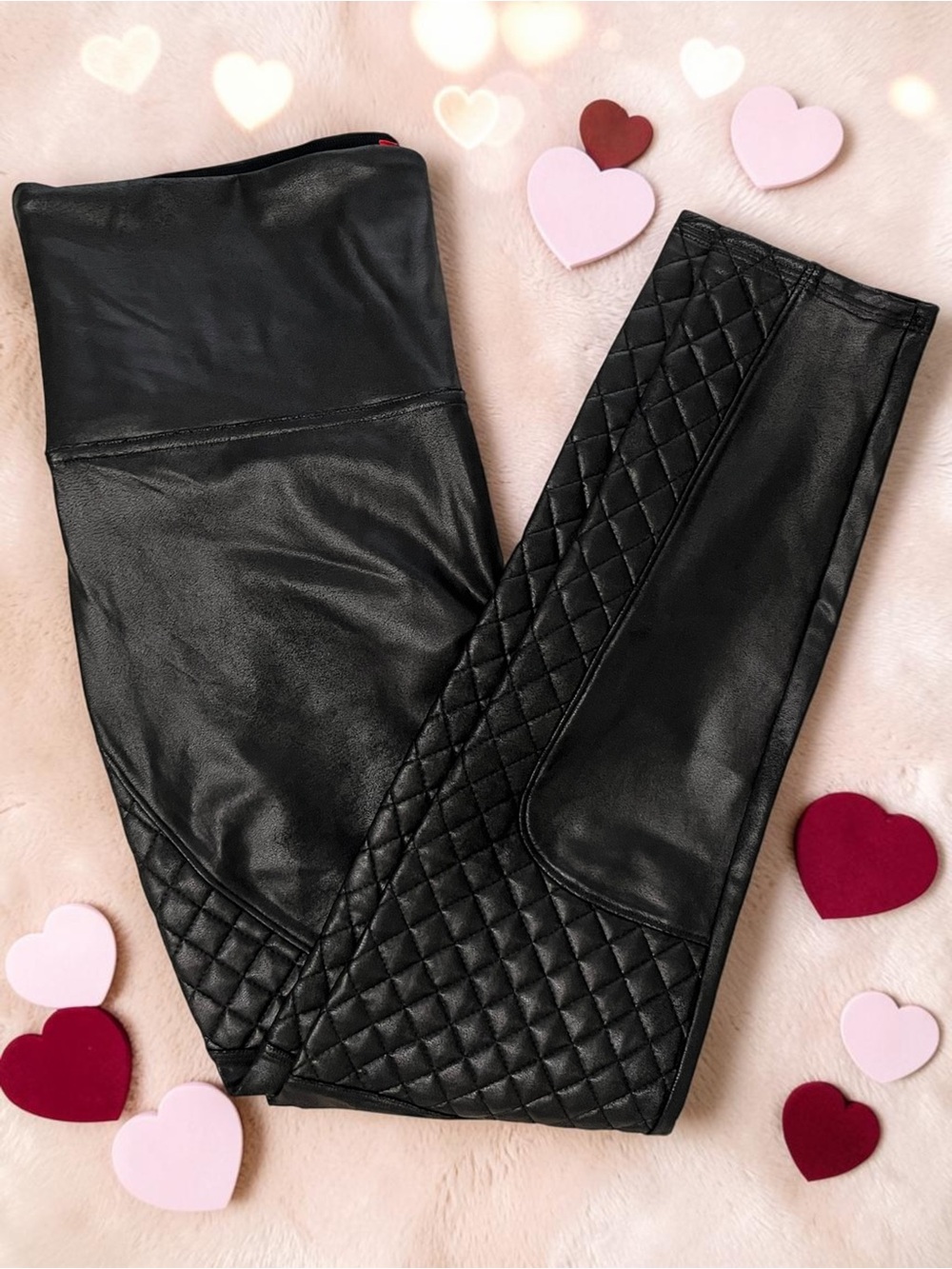 GUC SPANX Faux Leather Moto Leggings Womens Size Large Black High Rise Quilted